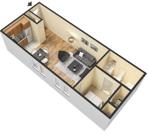 Floor plan for 1 bed, 1 bath, 600 sqft